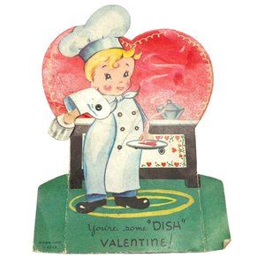 Vintage 1940s Valentine Greeting Card Chef Dish Mechanical 6.5" Diecut